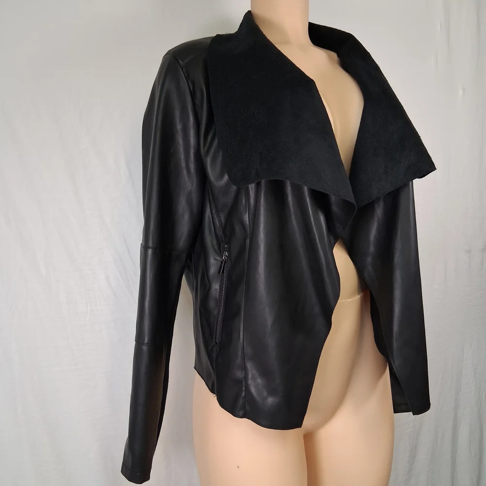 bagatelle Black Vegan Leather Draped Jacket with Textured Collar